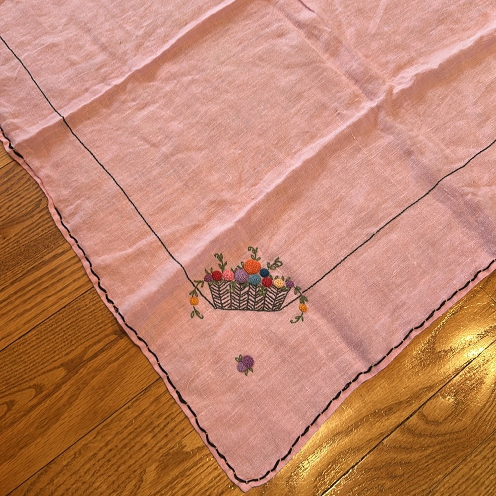 Vintage Embroidered Pink Tablecloth